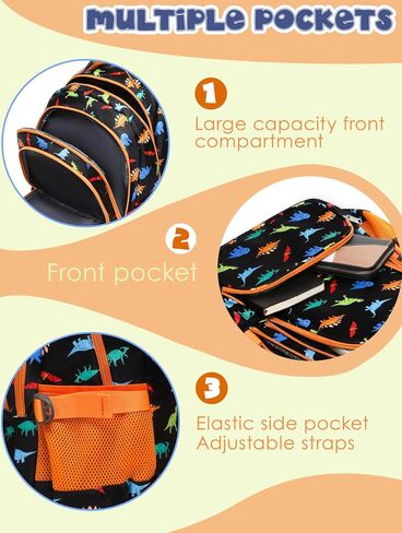 BLUEFAIRY Boys Backpack for School Kids Elementary Primary Middle School Bookbag Back to School Bags Book Bags for Child Mochila Escolares para Niños 17" Dinosaur Black Orange in Kuwait
