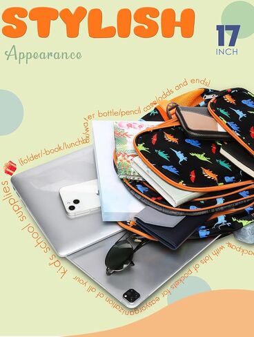 BLUEFAIRY Boys Backpack for School Kids Elementary Primary Middle School Bookbag Back to School Bags Book Bags for Child Mochila Escolares para Niños 17" Dinosaur Black Orange in Kuwait