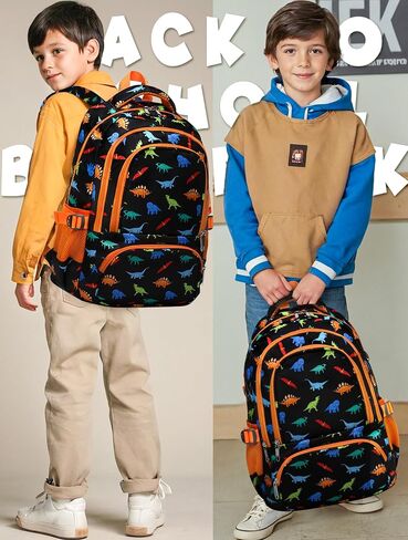 BLUEFAIRY Boys Backpack for School Kids Elementary Primary Middle School Bookbag Back to School Bags Book Bags for Child Mochila Escolares para Niños 17" Dinosaur Black Orange in Kuwait