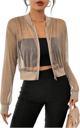 Milumia Women's Sparkly Sheer Mesh Long Sleeve Crop Jacket Light Weigh Zip Up Outwear in Saudi Arabia
