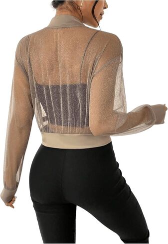Milumia Women's Sparkly Sheer Mesh Long Sleeve Crop Jacket Light Weigh Zip Up Outwear in Saudi Arabia