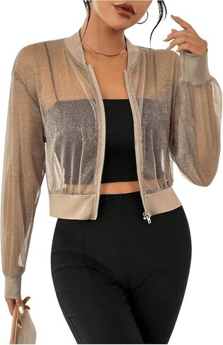 Milumia Women's Sparkly Sheer Mesh Long Sleeve Crop Jacket Light Weigh Zip Up Outwear in Saudi Arabia