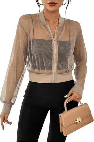 Milumia Women's Sparkly Sheer Mesh Long Sleeve Crop Jacket Light Weigh Zip Up Outwear in Saudi Arabia