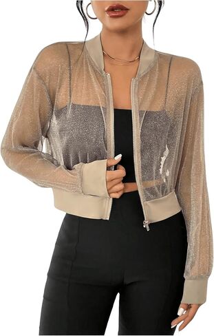 Milumia Women's Sparkly Sheer Mesh Long Sleeve Crop Jacket Light Weigh Zip Up Outwear in Saudi Arabia