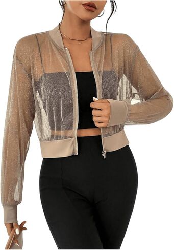 Milumia Women's Sparkly Sheer Mesh Long Sleeve Crop Jacket Light Weigh Zip Up Outwear in Saudi Arabia