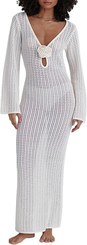 Leoparts Women's Knitted Swimsuit Cover Up 3D Floral Hollow Out Open Back Tie-Up Maxi Dress Beachwear Coverup Dresses in Kuwait