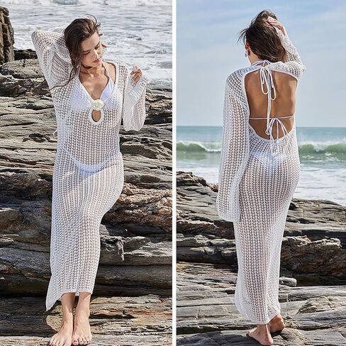 Leoparts Women's Knitted Swimsuit Cover Up 3D Floral Hollow Out Open Back Tie-Up Maxi Dress Beachwear Coverup Dresses in Kuwait