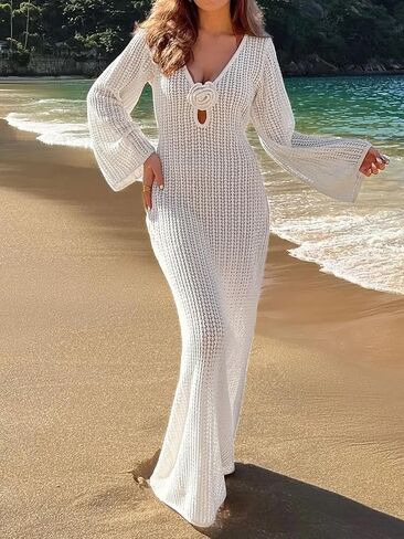 Leoparts Women's Knitted Swimsuit Cover Up 3D Floral Hollow Out Open Back Tie-Up Maxi Dress Beachwear Coverup Dresses in Kuwait