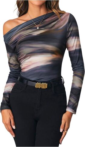 SOLY HUX Women's Off The Shoulder Tops Long Sleeve T Shirts Going Out Tops Casual Trendy Ruched Slim Fitted Tees in Saudi Arabia