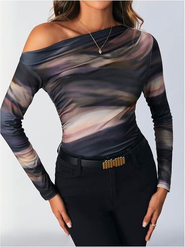 SOLY HUX Women's Off The Shoulder Tops Long Sleeve T Shirts Going Out Tops Casual Trendy Ruched Slim Fitted Tees in Saudi Arabia