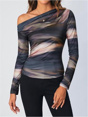 SOLY HUX Women's Off The Shoulder Tops Long Sleeve T Shirts Going Out Tops Casual Trendy Ruched Slim Fitted Tees in Saudi Arabia