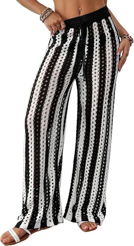 Bsubseach Women's Beach Cover Up Pants Hollow Out Drawstring Elastic Striped High Waist Bathing Suit Mesh Sheer Wide Leg Pant in Saudi Arabia