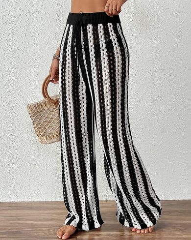 Bsubseach Women's Beach Cover Up Pants Hollow Out Drawstring Elastic Striped High Waist Bathing Suit Mesh Sheer Wide Leg Pant in Saudi Arabia