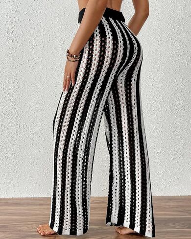 Bsubseach Women's Beach Cover Up Pants Hollow Out Drawstring Elastic Striped High Waist Bathing Suit Mesh Sheer Wide Leg Pant in Saudi Arabia