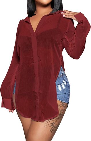 Rooscier Women's Sexy Sheer Collar V Neck Side Slit Long Sleeve Button Shirt Blouse Top in Saudi Arabia