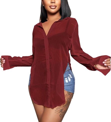 Rooscier Women's Sexy Sheer Collar V Neck Side Slit Long Sleeve Button Shirt Blouse Top in Saudi Arabia