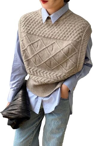 المرأة سترة متماسكة سترة صياد بلا أكمام فضفاضة Crewneck صدرية البلوز تريكو الأعلى in Saudi Arabia