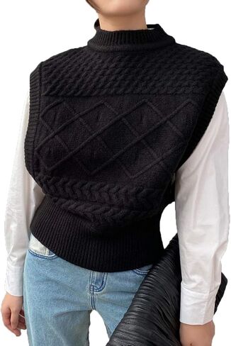 المرأة سترة متماسكة سترة صياد بلا أكمام فضفاضة Crewneck صدرية البلوز تريكو الأعلى in Saudi Arabia