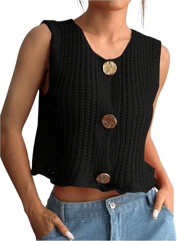 Verdusa Women's Button Front Crochet Sweater Vest Round Neck Sleeveless Cropped Knit Cardigan in Saudi Arabia