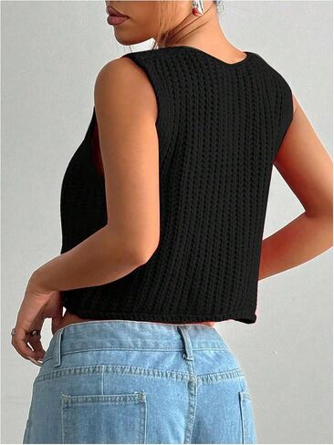 Verdusa Women's Button Front Crochet Sweater Vest Round Neck Sleeveless Cropped Knit Cardigan in Saudi Arabia