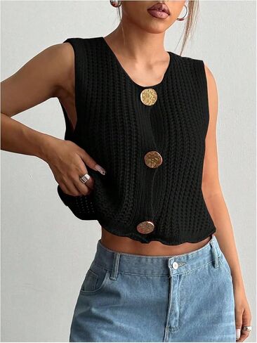 Verdusa Women's Button Front Crochet Sweater Vest Round Neck Sleeveless Cropped Knit Cardigan in Saudi Arabia