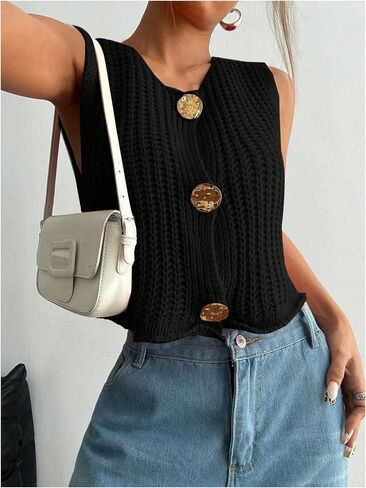 Verdusa Women's Button Front Crochet Sweater Vest Round Neck Sleeveless Cropped Knit Cardigan in Saudi Arabia
