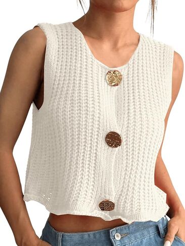 Verdusa Women's Button Front Crochet Sweater Vest Round Neck Sleeveless Cropped Knit Cardigan in Saudi Arabia