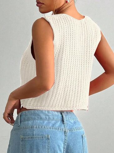 Verdusa Women's Button Front Crochet Sweater Vest Round Neck Sleeveless Cropped Knit Cardigan in Saudi Arabia
