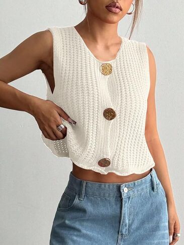 Verdusa Women's Button Front Crochet Sweater Vest Round Neck Sleeveless Cropped Knit Cardigan in Saudi Arabia