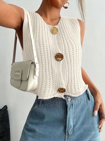 Verdusa Women's Button Front Crochet Sweater Vest Round Neck Sleeveless Cropped Knit Cardigan in Saudi Arabia