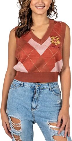 Harry Potter Embroidered Gold Hogwarts Crest Sleeves Diamond Plaid Women's Sweater Vest in Saudi Arabia