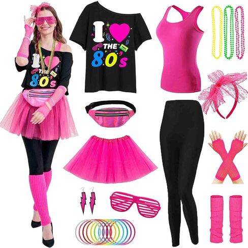80s Costumes Women Accessories 80s Outfit for Women Costume Set T Shirt Leggings Tutu Skirt 80's Halloween Costumes in Saudi Arabia