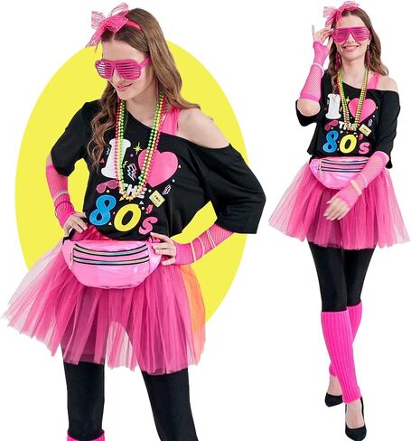 80s Costumes Women Accessories 80s Outfit for Women Costume Set T Shirt Leggings Tutu Skirt 80's Halloween Costumes in Saudi Arabia