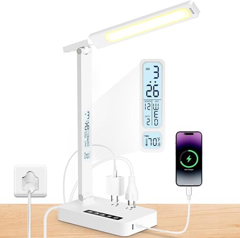 مصباح مكتب مع منفذ شحن USB: مصباح طاولة ذكي LED للعناية بالعين للمكتب المنزلي - 1 نوع C، 1 منفذ شحن USB-A، 2 منافذ طاقة تيار متردد. in Saudi Arabia