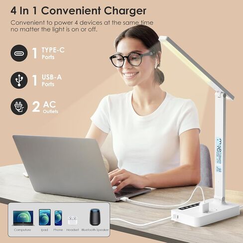 مصباح مكتب مع منفذ شحن USB: مصباح طاولة ذكي LED للعناية بالعين للمكتب المنزلي - 1 نوع C، 1 منفذ شحن USB-A، 2 منافذ طاقة تيار متردد. in Saudi Arabia