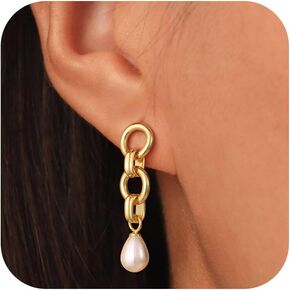 Gold Pearl Earrings Set for Women Trendy, Dainty Small 14K Gold Pearl Dangle Huggie Earrings Tiny Stud Cute Cubic Zirconia Hoop Earrings Set Hypoallergenic Gold Jewelry for Women Gifts