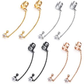 JewelrieShop Stainless Steel Ear Cuff Chain Linked Earring Cubic Zirconia Stud Clip Earrings Clip on Earrings with Chain Unisex (4 pairs/set)