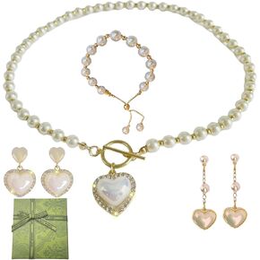 Pearl Heart Necklace and Earring set - 4PCS Pearl Jewelry Set for Women Gold Plated Pearl Choker Necklace Pearl Bracelet Pearl Earrings Set Trendy Gifts (Heart Pearl Set),Valentines Gift