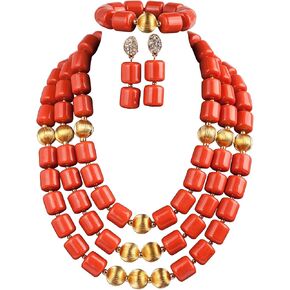 5 Rows Gold Tone Coral Necklace Bracelet Earrings,Nigerian Wedding Coral Beads Jewelry Set