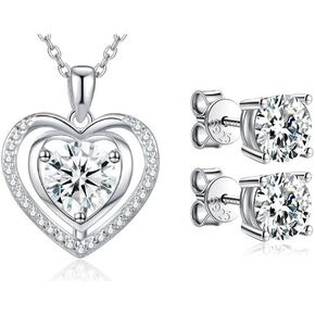 Diamond Heart Pendant Necklace (1.0 Carat) Moissanite Stud Earrings 0.6 CTW (0.3 Ct Each) Jewelry Gift Set