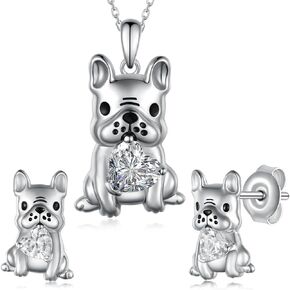 Frenchie Gifts for women 925 Sterling Silver French Bulldog Necklace and Earrings