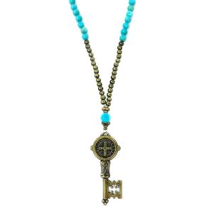 St. Benedict Turquoise Stone Long Pendant Necklace and Bracelet Set - Turquoise Necklace - Bead Necklace - Catholic Gifts Women - Religious Catholic Jewelry