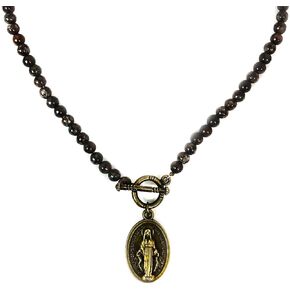 Catholic Virgin Mary Virgin Mary Our Lady of Graces Medal Necklace for Women, Religious Jewelry, Bronzite Stone Beads, Front Toggle Clasp