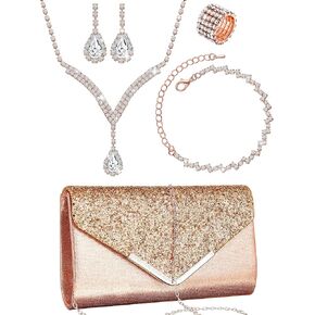 Henoyso 5 Pcs Purse Rhinestone Jewelry Set Rhinestone Clutch Purse Bride Prom Jewelry Necklace Earrings Bracelets for Women