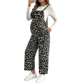 MakeMeChic Women's Maternity Jumpsuit Leopard Print Sleeveless Straight Leg Pregnancy Overalls