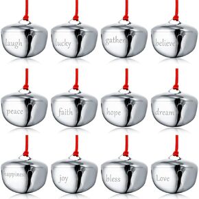 Sratte 24 Pack 1.5 Inch Christmas Bells Ornament Xmas Believe Jingle Decoration Silver Santa Sleigh Bell Christmas Printed Bell with Red Ribbon for Christmas Tree Home Decoration(Basic Style)