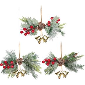 Set of 3 Christmas Bells Decor 9.44" Hanging Gold Christmas Bells Metal Gold Bell Ornaments with Pine Cones Berries for Christmas Tree Wreath Christmas Decoration