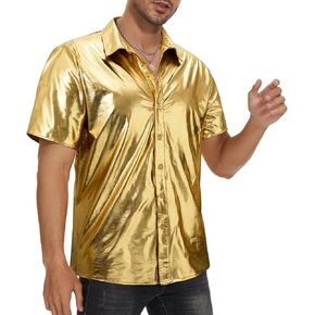 قميص ديسكو رجالي 70s ترتر معدني بأكمام قصيرة ملابس عتيقة بأزرار للأسفل قمصان للحفلات الليلية in Kuwait