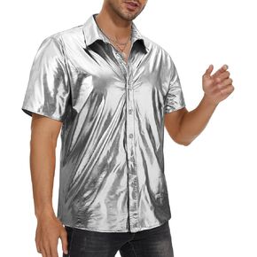 Mens 70s Disco Shirt Metallic Sequin Short Sleeve Vintage Outfits Button Down Shirts Nightclub Party Tops