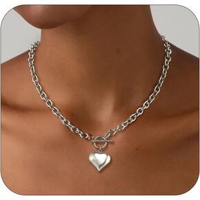 Heart Gold Necklace for Women, Chunky Gold Necklace Trendy 14k Real Gold/Silver Plated Pendant Charm Toggle Clasp Gold Necklace Waterproof Statement Thick Chain Link Necklace Gold Jewelry for Women Gift